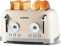 CUSIMAX Toaster 4 Slice, Retro Toaster with Wide Slots for Bagels, Stainless Steel toaster with 6 Toast Settings, Bagel, Cancel, Defrost & Reheat Functions, Dual Independent Control Panels, Cream