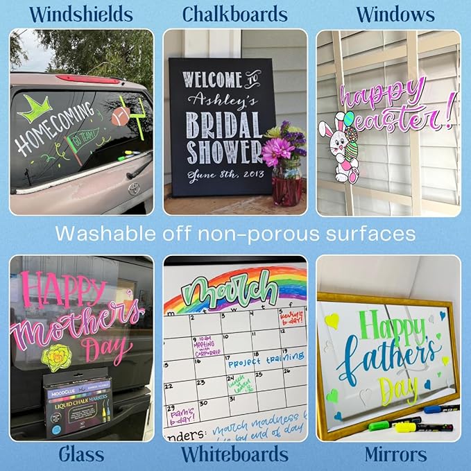 Liquid chalk markers 12 neon erasable Whiteboards, glass boards, chalkboards, windows, mirrors, car windshields, auto, glass. Odorless, non-toxic. Wet or dry erase. Thick and thin tip