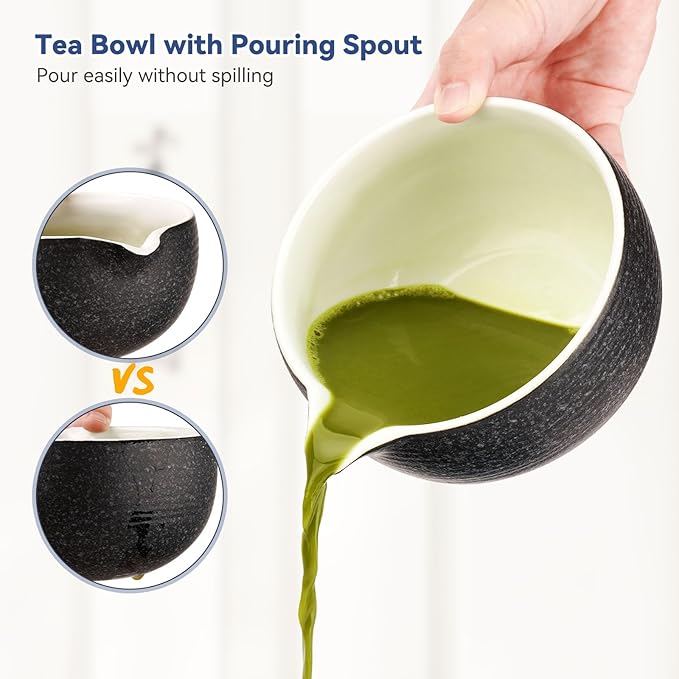 10-Pcs Matcha Kit Set, Whisk and Bowl with Spout & Measuring Spoon, Japanese Tea Making Tools, Charcoal Grey