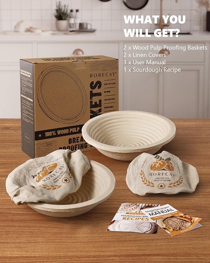 Wood Pulp Banneton Bread Proofing Baskets Set of 2, 9 Inch Round 2.2LB Sourdough Banneton Basket with Liner, Non-Stick Dough Proofing Bowl for Rising and Baking