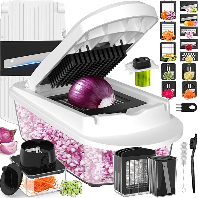 12 Blade All-in-1 Vegetable Chopper Mandoline Slicer with Container, Spiralizer with Contianers, Food Chopper, Onion Chopper, Veggie Cutter for Salad, Kitchen Gadgets Accessories Essentials, White