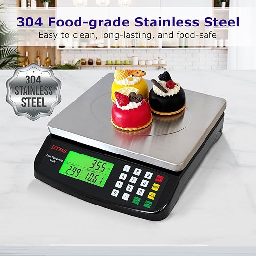 Large Digital Kitchen Scale 40kg/88lb Stainless Steel Price Computing Scale Counting Scale Deli Scale with LCD Display for Baking Bread Cooking Meat Prep Parts and Coins Adapter Included (Black)