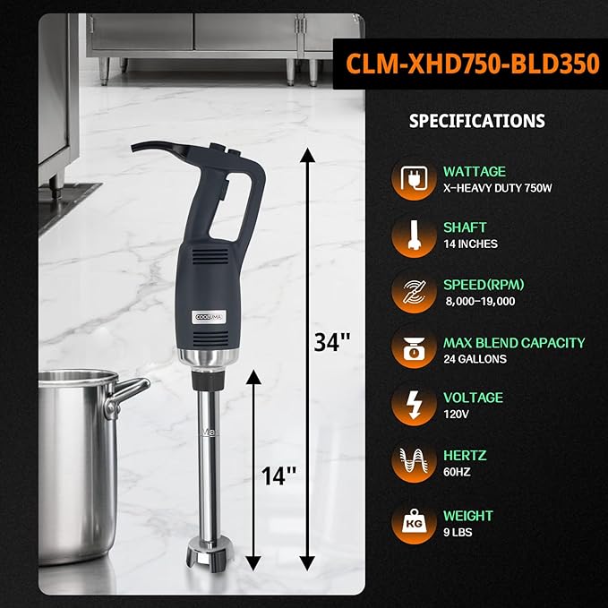 Immersion Blender Commercial, 14 Inch Removable Shaft, Heavy Durt 750 Watt, Variable Speed Motor, Professional Restaurant Grade Hand Mixer, Food-Grade Detachable 304 Blade & Shaft