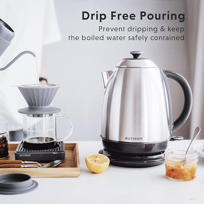 BUYDEEM K640 Stainless Steel Electric Tea Kettle with Auto Shut-Off and Boil Dry Protection, 1.7 Liter Cordless Hot Water Boiler with Swivel Base, 1440W,Retro Silver