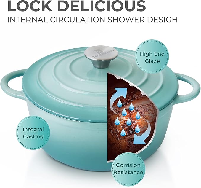 Trustmade 4.5 QT Cast Iron Dutch Oven, Enamel Coated Cookware Pot with Self Basting Lid for Home Baking, Braiser, Cooking, Aqua