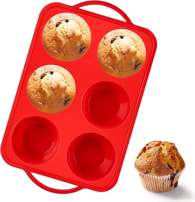 Jumbo Muffin Pan with Metal Frame, 6 Cup Large Cupcake Mold with Handles, Silicone Egg Bite Baking Tray, BPA Free & Non-Stick