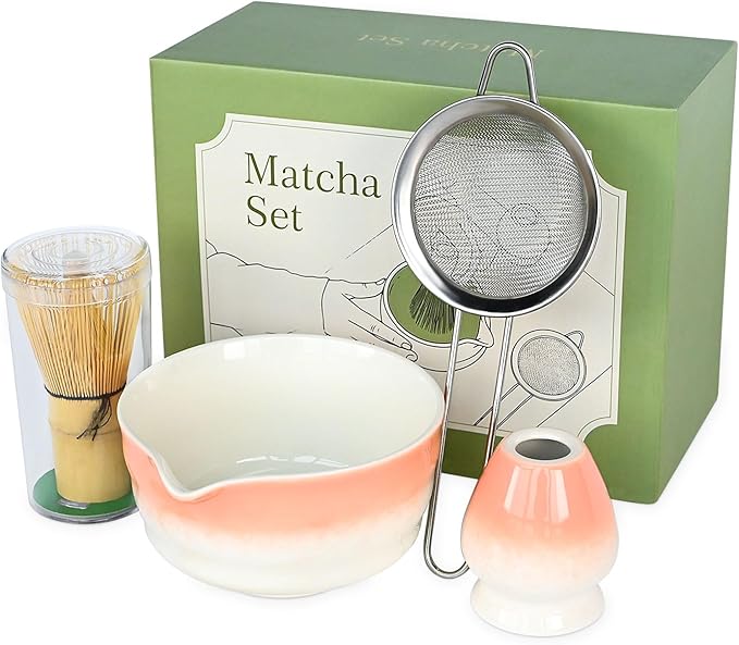 Pink Matcha Whisk Making Set - Japanese Tea Kit with Whisk Bowl and Bamboo Scoop Ceramic Chawan with Spout for Traditional Tea Ceremony Complete Matcha Making Tools Gift for Tea Lovers (Pink, 7 PCS)