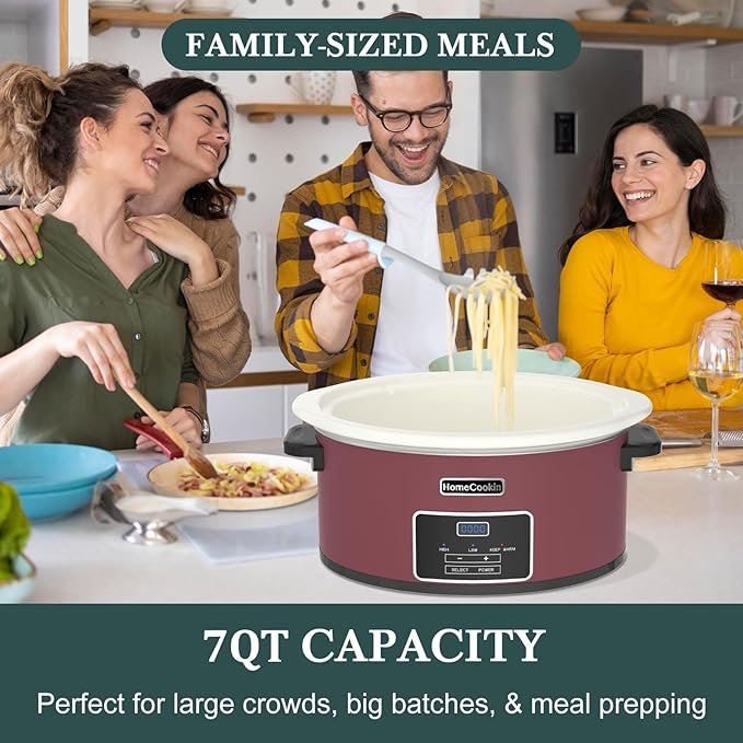 HOMECOOKIN 7-Quart Programmable Slow Cooker with Timer Keep Warm - Small Kitchen Appliance for Family Dinners - Serves 6+ People (Red Shell + White Ceramic Liner)
