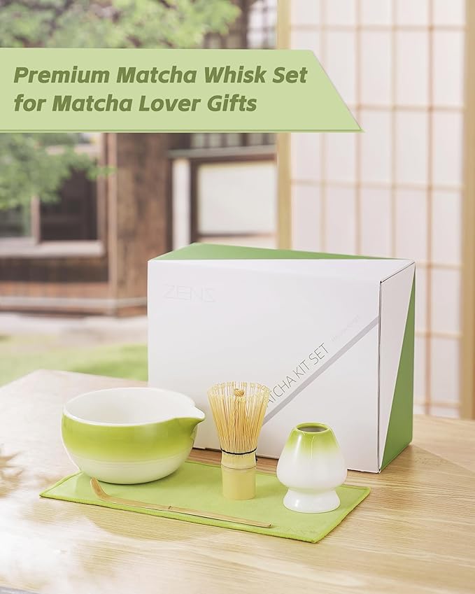 ZENS Matcha Whisk Set, 5pcs Matcah Kit Includes Ceramic Bowl with Spout, Handcrafted Bamboo Whisk, (Chasen) Holder, Scoop & Tea Mat, Matcha Set Gift for Tea Ceremony, Green