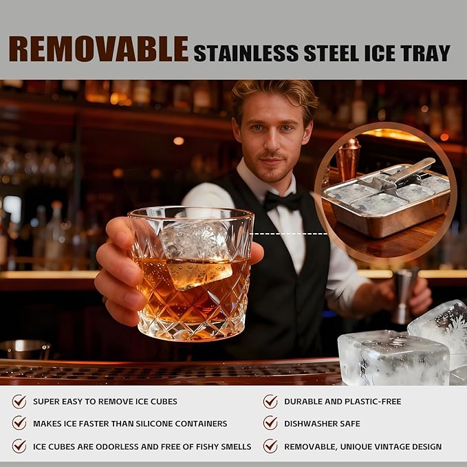Stainless Steel Ice Cube Trays with Lever - 6 Large Cube Mold for Whiskey & Cocktails, Professional Heavy Duty Metal Freezer Tray, Non-Toxic & Easy Release for Kitchen & Bar Use