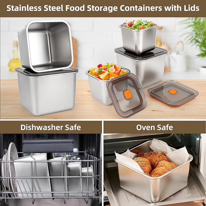 2 PCS Stainless Steel Food Storage Containers(47oz) with Lids Leak Proof & Airtight | Square Stainless steel freezer Containers,For Meal Prep,Fruit,Snack,Freezer