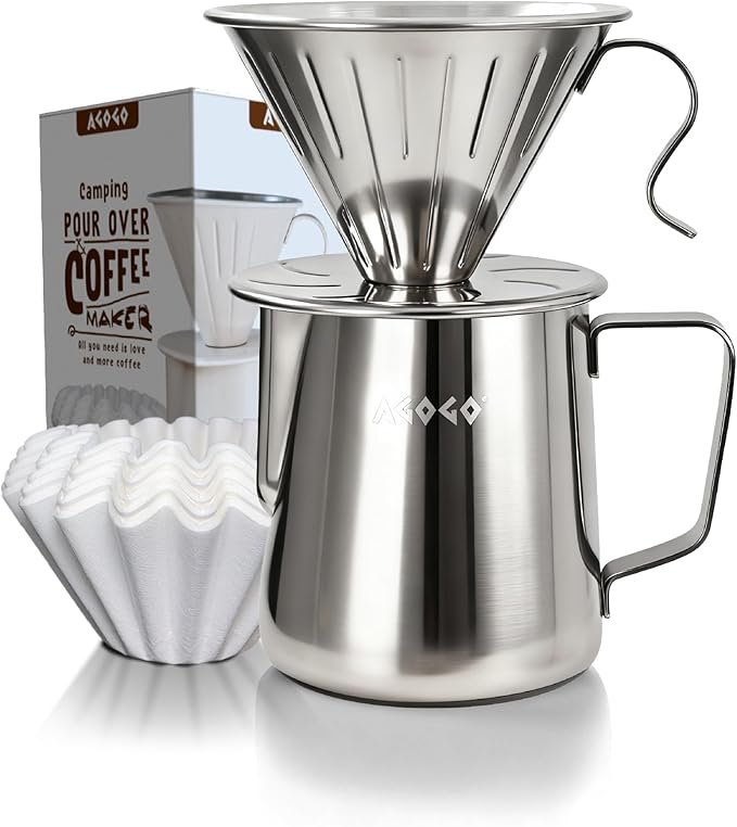 AGOGO Compact Portable Pour Over Coffee Maker Set - Easy Cleaning 304 Stainless Steel Dripper Set for Camping & 50 Filters Paper & Cleaning Rag (Silvery, 600ml)