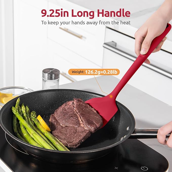 600ºF Heat Resistant Silicone Turner: U-Taste 13.6in Long Solid & Slotted Thick Kitchen Spatula Flipper, Large Flexible Cooking Utensil for Flipping Egg, Pancake in Nonstick Cookware (Rose Red, 2PCS)