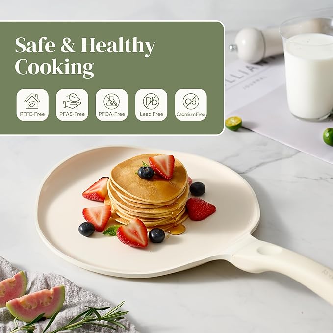 Redchef Crepe Pan Nonstick, 10 Inch Ceramic Flat Skillet Pan for Roti Dosa Tawa Comal Para Tortillas Pancake Pan for Stove Top, Induction Compatible, PFAS/PFOA/PTFE Free(Beige White)