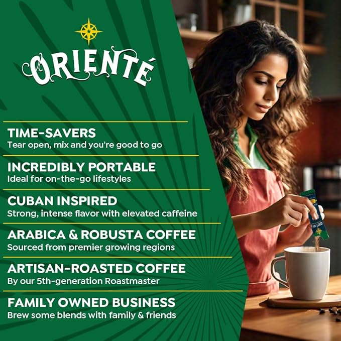 Oriente Dark Roast Instant Coffee, 20 ct, Sweetened Espresso – 100% Arabica Coffee, Instant Hot or Iced Coffee - Just add water