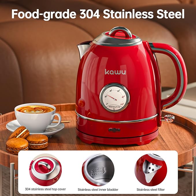 Kawu Retro Electric Kettle, 1.3L Hot Tea Water Boiler with Temperature Gauge, 1355W Fast Boiling Tea Kettle with Stainless Steel Inner & Boil-Dry Protection, Auto Shut Off, 60°C Keep Warm, Food Grade