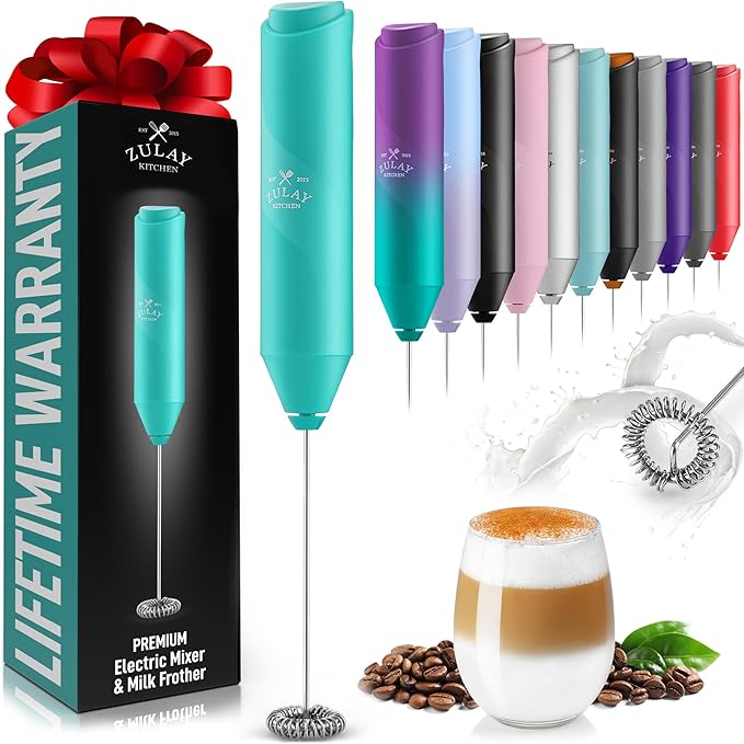 Zulay Kitchen Milk Frother Handheld Battery Operated – Electric Drink Mixer for Coffee, Lattes, Cappuccinos, Matcha & Hot Chocolate – Portable Foam Maker & Coffee Bar Accessory