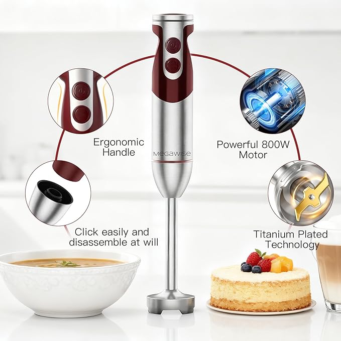 MegaWise 3-in-1 Hand Blender Set with Variable Speed Control, 400W Immersion Blender - Includes Whisk, Milk Frother, Chopper, and Beaker for Smoothies, Soups, and Baby Food (RED)