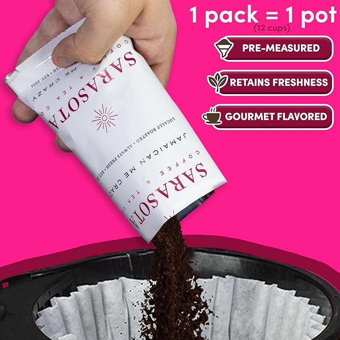 Sarasota Coffee Ground Packets | Gourmet Flavored Medium Roast Bulk Coffee Packs | Jamaican Me Crazy | Low Acid Mold Free Singles Individual Pouches for 12 Cup | 1.5 Ounce Bags, 42 Count