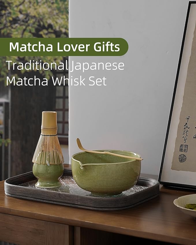 ZENS Matcha Whisk Set, 5pcs Matcha Kit Set Includes Ceramic Bowl, Handcrafted Bamboo Whisk and Chasen Holder, Scoop & Tea Mat, Matcha Tea Ceremony Gift for Matcha Lovers, Emerald Green