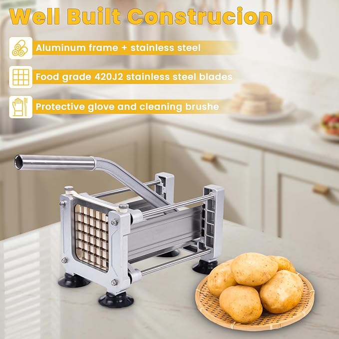 Heavy Duty French Fry Cutter with 3 Stainless Steel Blades (1/4" 3/8" 1/2") - Manual Metal Potato Slicer for Vegetable, Sweet Potatoes, Onions