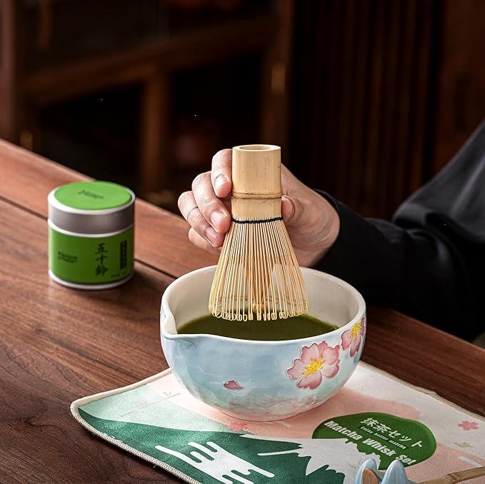 Clay&Fire Matcha Whisk Set，9 Pcs Ceramic Matcha Set, 15 OZ Matcha Bowl with Spout and Whisk，Matcha Kit for Friend, Ideal Gift for Matcha Lover（Cherry）