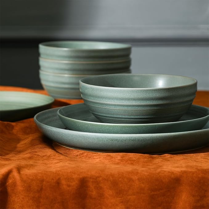 Stone Lain Elio 24-Piece Dinnerware Set Stoneware, Plates and Bowls Set, Dish Set for 8, Green