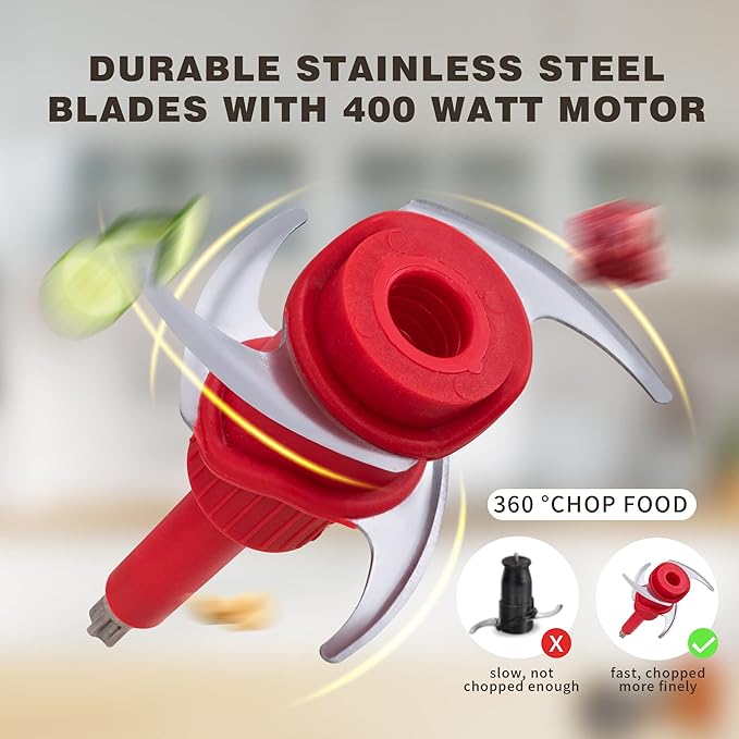 Mini Prep Food Processor 2 Cup Small Electric Food Chopper 2 Speed for Vegetables, Meat, Fruits and Nuts with 4 Stainless Steel Blades, 400-Watt, Red