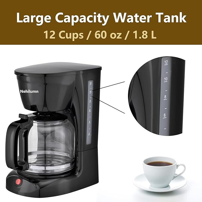 12 Cup Drip Coffee Maker, Coffee Pot Machine Permanent Coffee Filter,1.8L Glass Carafe Electric Coffee Maker,950W Black