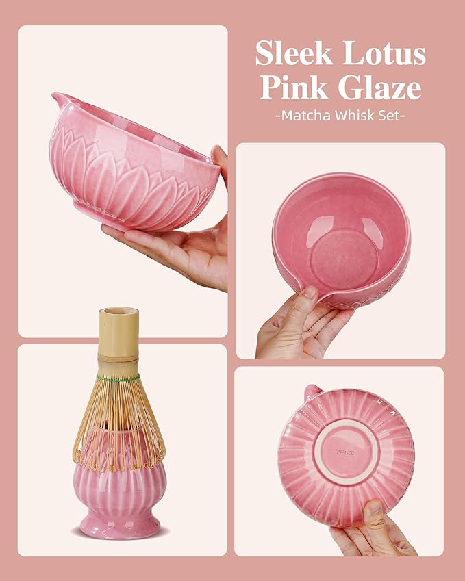 ZENS Pink Matcha Kit, 6pcs Matcha Whisk Set Includes 15oz Pink Bowl, Chasen Holder, Bamboo Whisk & Scoop, 304 Sifter & Tea Mat, Japanesse Matcha Set for Matcha Latte-Making