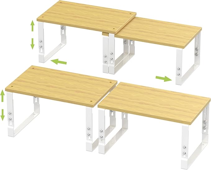 Adjustable Storage Shelves for Kitchen Cabinet Organization - Set of 2 Stackable Metal & Solid Wood Racks, Space-Saving Design for Countertop/Pantry/Garage, Easy Assembly(2 Packs/Medium/White)