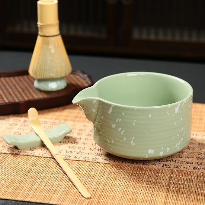 Matcha Bowl and Whisk Set, Ceramic Matcha Set Includes Matcha Bowl with Spout, Whisk & Holder, Bamboo Scoop, Stainless Sifter, Towel, Matcha Kit Making Tools,Light Green,7 PCS
