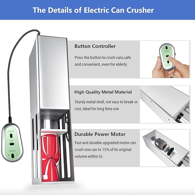 Electric Can Crusher with Button Controller, Automatic Can Crushers for Recycling 8/12/16oz Cans, Auto Cycle Mode, Countertop Can Smasher for Recycling Aluminum Seltzer, Soda, Beer Cans, Sliver