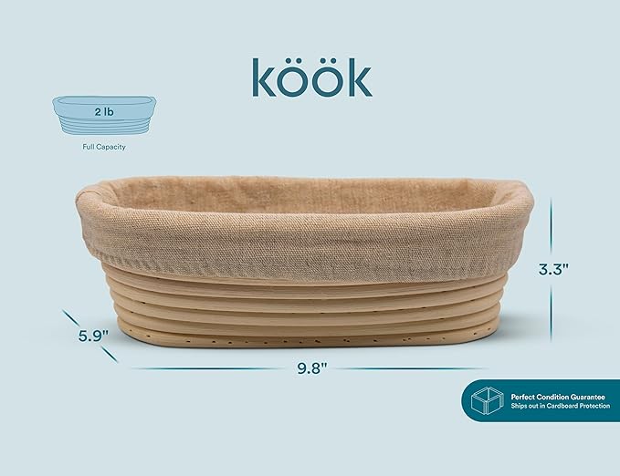 Kook Banneton Bread Proofing Set, Artisan Sourdough Bread Making Kit, 9.8 Inch Rattan Baskets and Liners, Metal & Plastic, Scrapers, Scoring Lame & Case, 4 Extra Blades, Set of 2, Oval