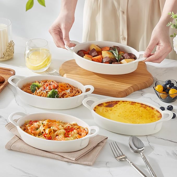 MALACASA Small Casserole Baking Dishes for Oven, Ceramic Oval Baking Dish Sets of 4, 8" x 5" Inch Au Gratin Baking Pans with Handles for Roasting, Lasagna, Pie, Baking Meat & Vegetables, White