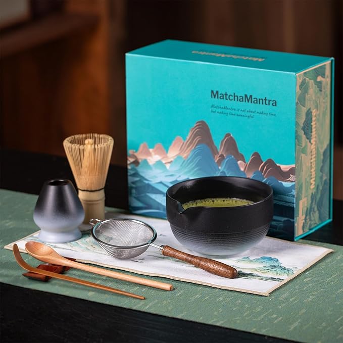 Artisan Matcha Whisk Set - 8 Pcs Premium Matcha Set with Bowl (Chawan), Bamboo Whisk & Tools | Matcha Kit for Making Breakfast/Latte | Gift for Matcha Lovers (Black)