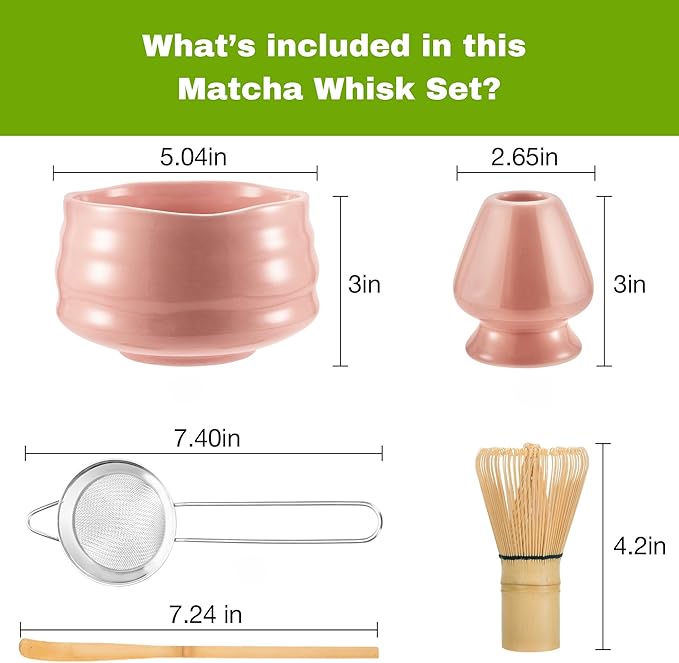 Matcha Whisk Set- Matcha Set includes Matcha Bowl, Sifter, Holder and Scoop- The Perfect Bamboo Whisk for Matcha Tea (Pink)