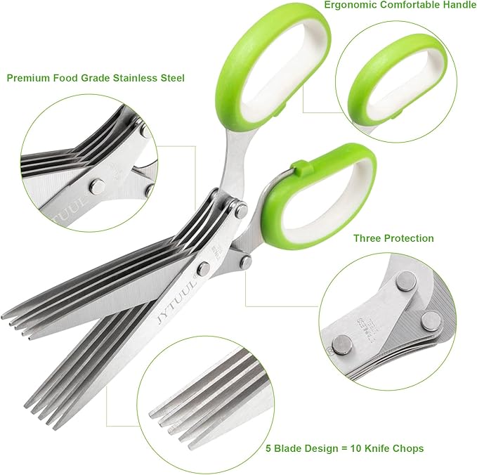 Herb Scissors, Multipurpose Sharp Kitchen Herb Cutter Shears with 5 Stainless Steel Blades, Safety Cover, Cleaning Comb, Cool Kitchen Gadgets for Cutting Fresh Garden Herbs, Dishwasher Safe