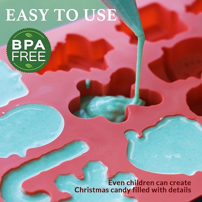 HKNMTT Christmas Silicone Chocolate Molds, 4 PCS Candy Baking Moulds, 3D Snowflake Cane Snowman Xmas Tree Gingerbread Man Santa Claus Gift Box Shape Mold for DIY Handmade Soap Candles Jello