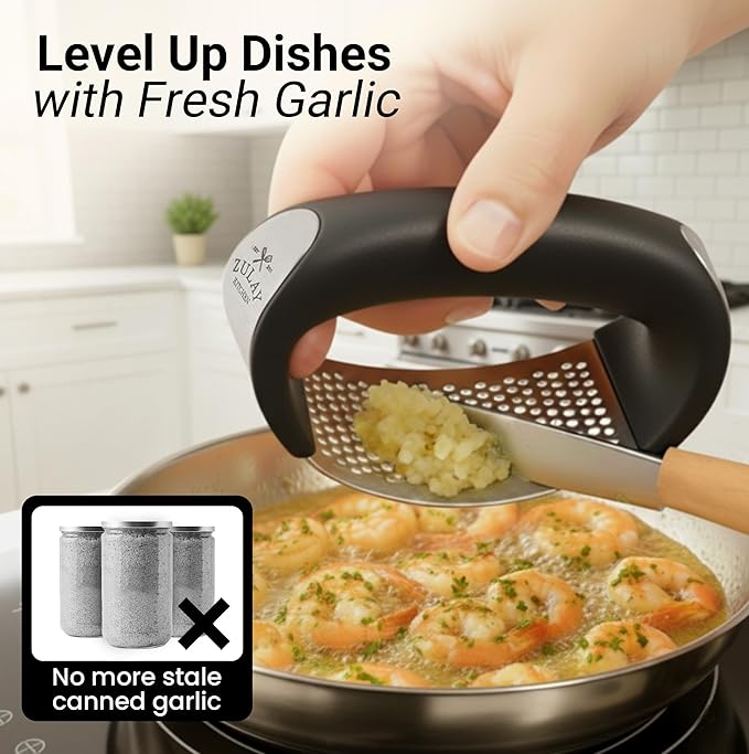 Zulay Kitchen Stainless Steel Garlic Press Rocker Set - Premium Garlic Mincer Garlic Crusher - New Innovative Garlic Crusher with Peeler and Scraper - Comfortable Grip (Black)