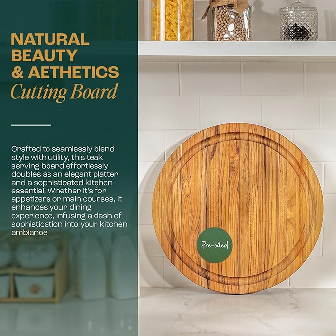 Yes4All Round Teak Cutting Boards for Kitchen, [16"D x 1"Thick] Edge Grain Cutting Board, Teak Wood Serving Board, Food Safe Surface for Slicing and Serving,Wood Charcuterie Board with Build In Handle