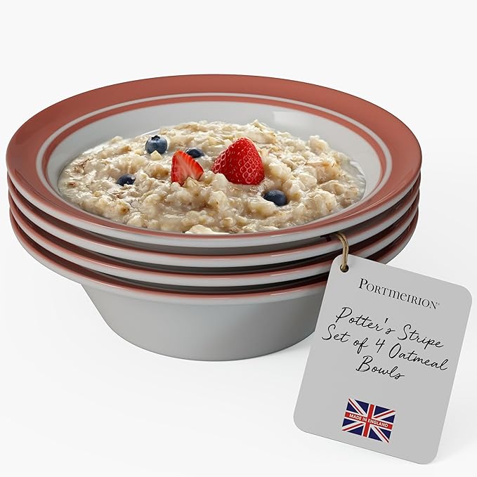 Portmeirion Potter’s Stripe Oatmeal Bowls (Set of 4) - Versatile Earthenware Bowls for Kitchen, Soups, Cereal & Desserts - Dishwasher & Microwave Safe - Made in UK Dinnerware Collection (Red Stripe)