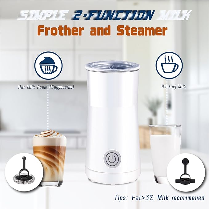 Simple Milk Frother, 2 in 1 Milk Steamer and Frother, Electric Milk Steamer, Milk Warmer and Hot Milk Foam Maker for Latter, Macchiato, Cappuccinos (White)