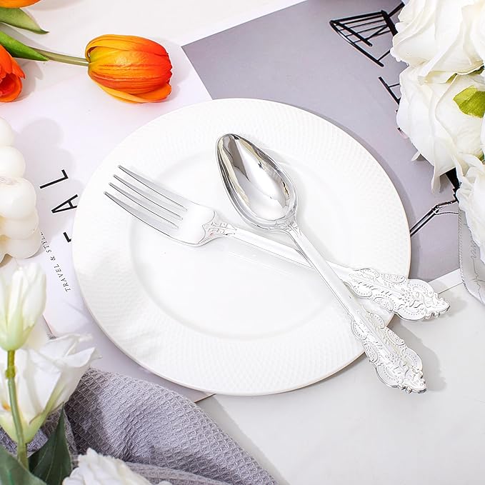 BUCLA 200PCS Silver Plastic Forks and Spoons - Plastic Silverware Baroque - Disposable Silverware Heavy Duty - 100PCS Silver Forks and 100PCS Spoons for Weddings, Christmas and Party