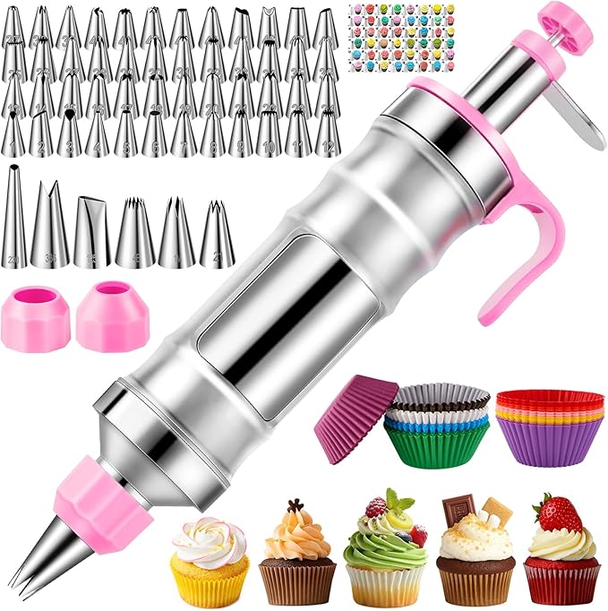 Cake Decorating Tools Supplies Kit: 164pcs Baking Accessories - Piping Bags and Icing Tips Set - Puffs Cupcake Frosting Piping Bakery Set for Adults Beginners or Professional, Pink