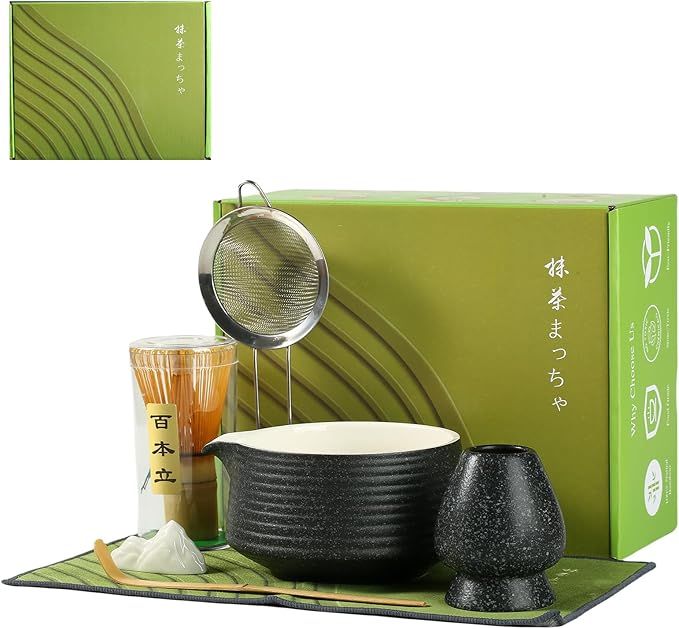 Matcha Whisk Set, Ceramic Matcha Set with Spout, Matcha Bowl Kit with Sifter, Whisk and Holder, Bamboo Scoop, Scoop Rest, Tea Towel, 7 Pcs Matcha Kit Set for Making Breakfast/Latte for Matcha Lovers