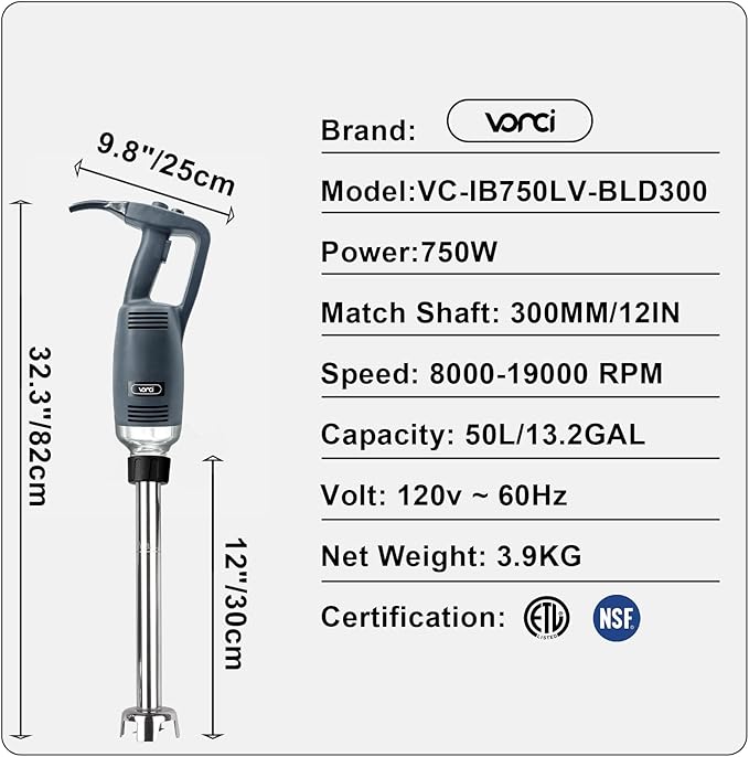 VONCI 750W Commercial Immersion Blender, Electric Hand Blender with 12" Detachable Shaft, Variable Speed 8000-19000RPM,Industrial Immersion Blender for Restaurant Kitchen.Extra Heavy Duty Hand Mixer.