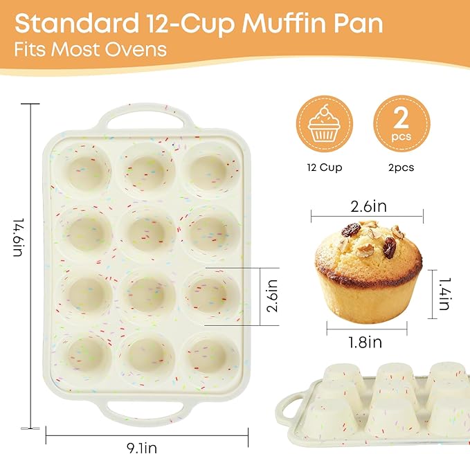 12-Cup Silicone Cupcake Pan, Nonstick Muffin Pan, Dishwasher Safe Muffin Tray with Handles, Food Grade Silicone Muffin Tin for Baking Egg Bites & Cupcakes