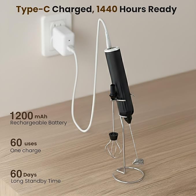 Milk Frother Handheld,3-Speed Rechargeable Coffee Foamer Drink Whisk with 3 Stainless Steel Heads Electric USB C Whisk for Coffee, Latte, Cappuccino, Hot Chocolate, Protein,Egg light Black