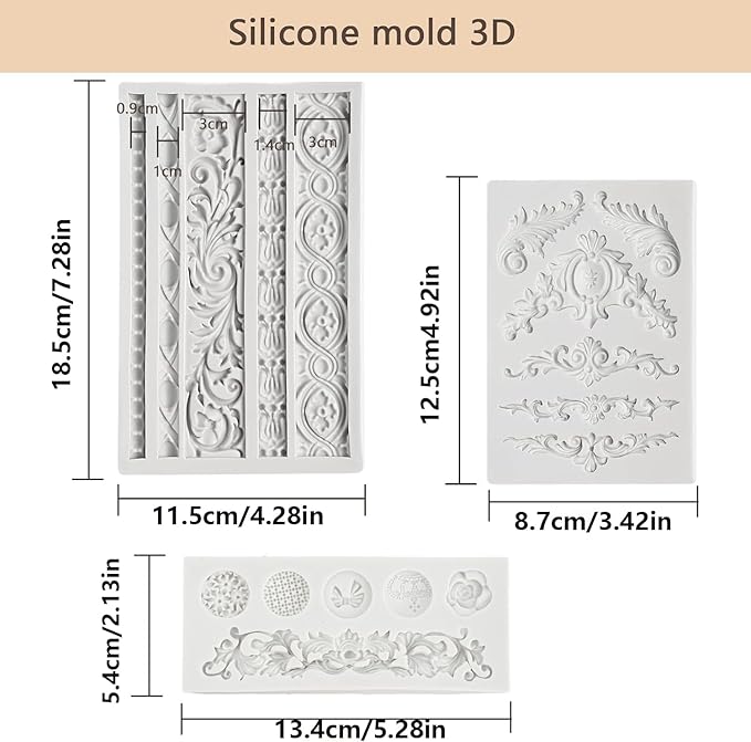 3 Pcs Baroque Silicone Molds Baroque Style Curlicues Scroll Lace Fondant Silicone Mold Scroll silicone Baroque Mold Relief Flower Lace Mould for Wedding Birthday Cake Decoration